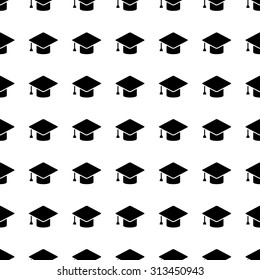 Graduation cap vector icon seamless pattern, tiling ornament on white.