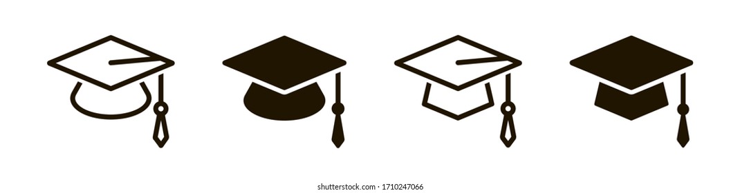 Graduation cap vector icon set isolated. Graduation hat sign, symbol in line and flat style isolated on white background. Vector illustration