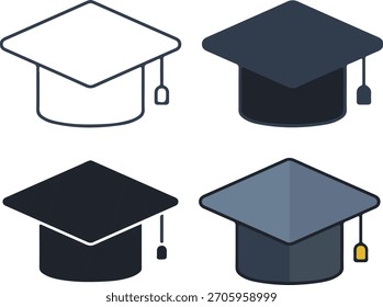 Conjunto de iconos de Vector de tapa de graduación, símbolos planos de mortero de educación