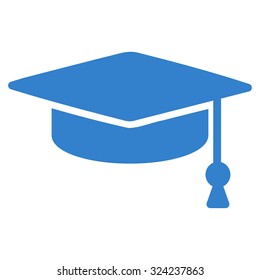 Graduation Cap vector icon. Style is flat symbol, cobalt color, rounded angles, white background.