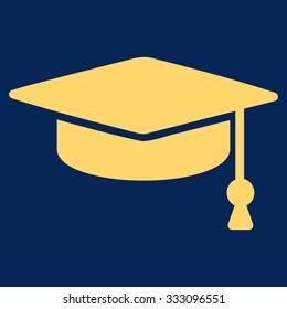 Graduation Cap vector icon. Style is flat symbol, yellow color, rounded angles, blue background.