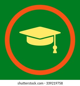 Graduation Cap vector icon. Style is bicolor flat rounded symbol, orange and yellow colors, rounded angles, green background.