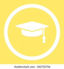 Graduation Cap vector icon. Style is flat rounded symbol, white color, rounded angles, yellow background.