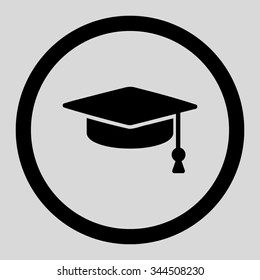 Graduation Cap vector icon. Style is flat rounded symbol, black color, rounded angles, light gray background.