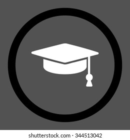 Graduation Cap vector icon. Style is bicolor flat rounded symbol, black and white colors, rounded angles, gray background.
