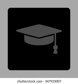 Graduation Cap vector icon. Style is flat rounded square button, gray and black colors, silver background.