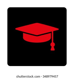 Graduation Cap vector icon. Style is flat rounded square button, intensive red and black colors, white background.