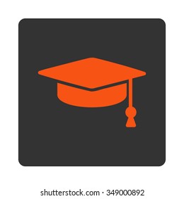 Graduation Cap vector icon. Style is flat rounded square button, orange and gray colors, white background.
