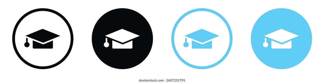Graduation cap vector icons in black and blue colors