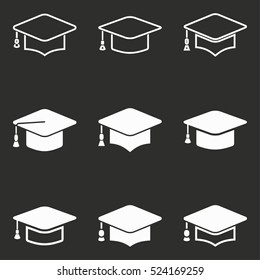 Graduation cap vector icons set. White illustration isolated on black background for graphic and web design.
