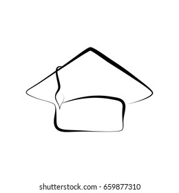 Graduation cap vector illustration on white background. Hand-drawn graduation hat isolated. Ink pen doodle student cap. Graduation day celebration symbol. Calligraphic scholar hat stamp, icon or logo