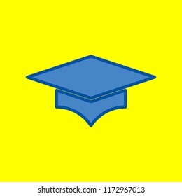 Graduation cap. Vector. Office style blue icon at yellow background.