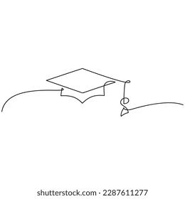 Graduation cap vector. One line continuous drawing. Linear illustration. Hand drawn hat silhouette icon. Minimal design element for print, banner, card, wall art poster, brochure, postcard.