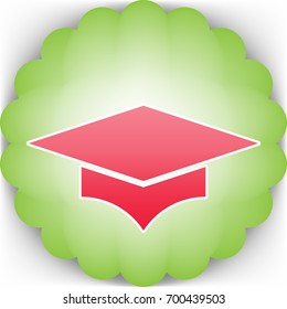 Graduation cap. Vector. Pinkish icon with white contour on green background which similar to flower.