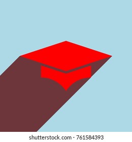 Graduation cap. Vector. Red flat icon with infinte wine shadow to left down corner at sky background.