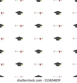 Graduation Cap vector seamless pattern. Academic hat and diplomas Isolated on White Background. Higher education celebration anniversary template. Colorful texture backdrop.
