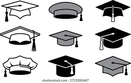 Conjunto de Vector de gorro de graduación, colección de sombrero académico, diversos estilos de mortero, posiciones de borla, ilustración de regalia ceremonial, íconos de educación
