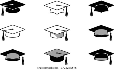 Conjunto de vetor de boné de graduação, ícones de chapéu acadêmicos, ilustrações mortarboard, símbolos de educação, elementos de design de cerimônia escolar