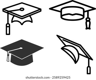 Graduation Cap Vector Set | Mortarboard, Academic Hat, Commencement Cap, Graduate Hat Icons | Education, School, College, University, Achievement, Ceremony, Scholarly Symbol