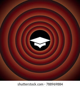 Graduation cap. Vector. White icon on black circle in gradient rings.