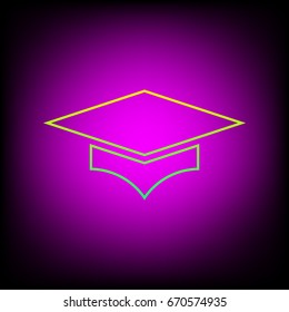 Graduation cap. Vector. Yellow-green gradient linear icon on magenta light as background
