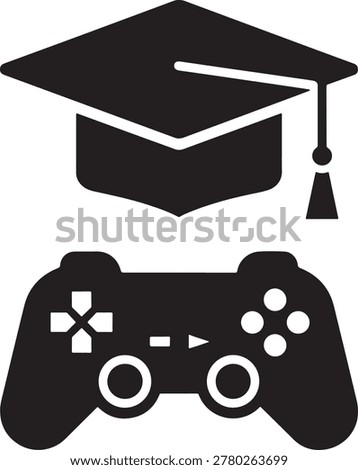 Graduation cap and video game controller icon combination symbol