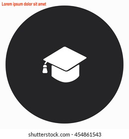 Graduation cap web icon. Gray circle button with white illustration.