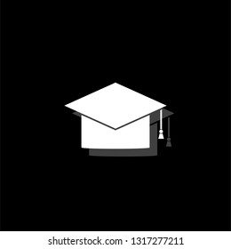 Graduation cap. White flat simple icon with shadow