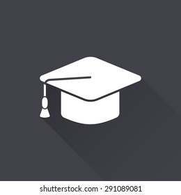 Graduation cap - white icon with a long shadow on a black background. Vector illustration.