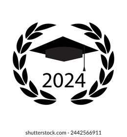 Graduation cap within a laurel wreath for class of 2024. Vector illustration. EPS 10.