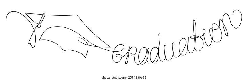 Graduation cap with word "Graduation". Continuous line drawing. 