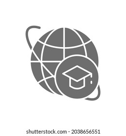 Graduation cap and world, global education grey icon.