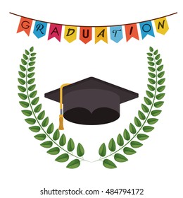 Graduation cap and wreath icon. University school and education theme. Isolated design. Vector illustration