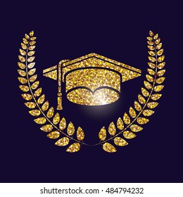 Graduation cap and wreath icon. University school and education theme. Gold design. Vector illustration