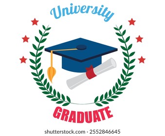 Graduation cap wreath pencil pen icon. Flat Vector graphic illustration