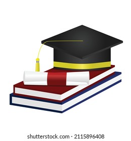 graduation cap with yellow stripe next to diploma with red clip on textbooks on white background