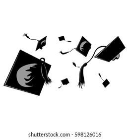 Graduation cape flying./Thrown up caps silhouettes vector.