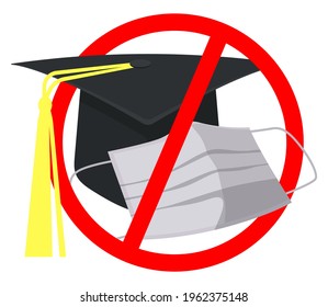 Graduation Caps, Academic Cap and medical guard mouth mask isolated on white background. Prohibition red symbol. Stop or ban sign. Vector