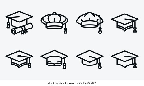 Gorras de graduación e iconos académicos con pergaminos y borlas