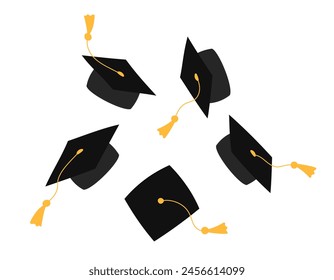 Graduation caps in air isolated flat vector illustration. Some square academic hats tossed together. Mortarboards thrown up. High school, college, academy graduate symbols