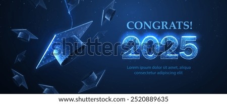 Graduation caps in air on blue. Graduate student, graduation celebration, academy professor, grad school, celebrate achievement, academic reward, congratulation message, end study. Banner concept