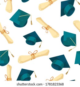 Graduation Caps With Diploma Hand Drawn Seamless Pattern. Vector Repeated Background With Academic Hat And Diploma In Flat Cartoons Style With Texture. 
Caps Throw Up