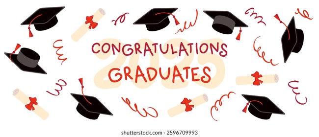 Graduation caps and diploma rolled scroll congratulations graduates 2025 vector banner. Perfect design for college, high school, university. 