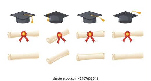 Graduation caps and diplomas vector set