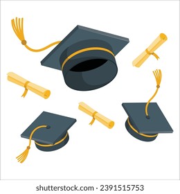 Graduation caps floating on a white background. black graduate hats is floating. 2460