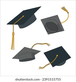 Graduation caps floating on a white background. black graduate hats is floating. 2459