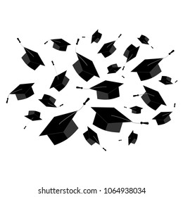 Graduation caps fly in the air in a moment of celebration. Abstract element for graduation ceremony design. Vector illustration