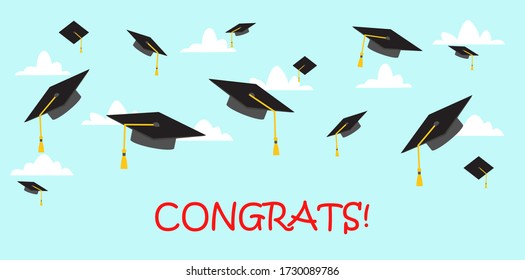 Graduation caps flying in the air. Congratulations banner. Vector illustration