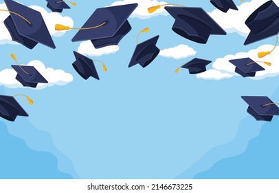 Graduation caps flying in the air. Congratulations banner. Vector illustration