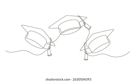 Graduation caps flying continuous one line drawing. Festive graduation from university. Vector illustration